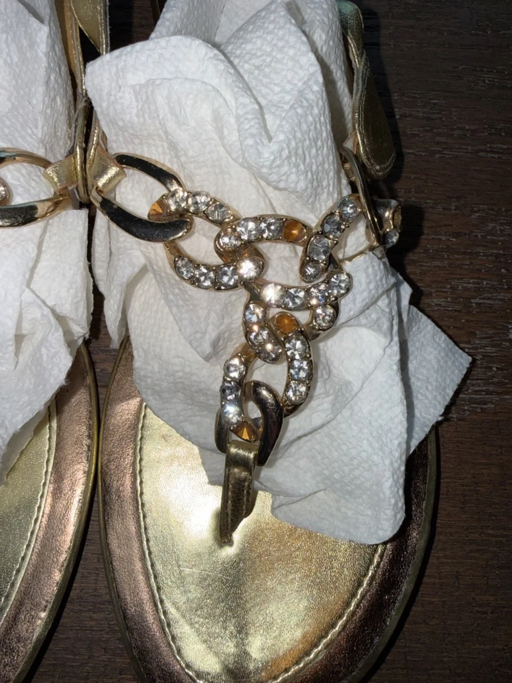 ALDO Gold Rhinestone Chain T-Strap Sandals Size 38